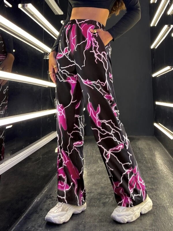 Women Fashion Casual Lightning Priningt Loose Straight-Leg Pants