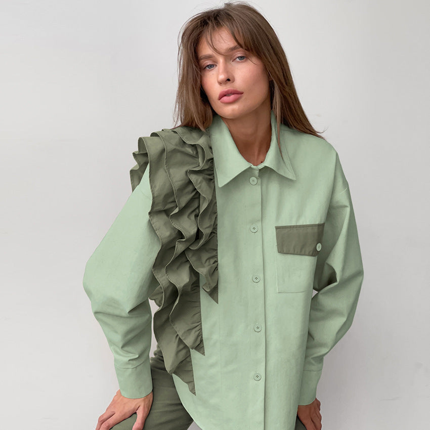 Fashion Office Women Unique Loose Contrast Color Ruffled Long Sleeve Casual Lapel Shirt Blouse