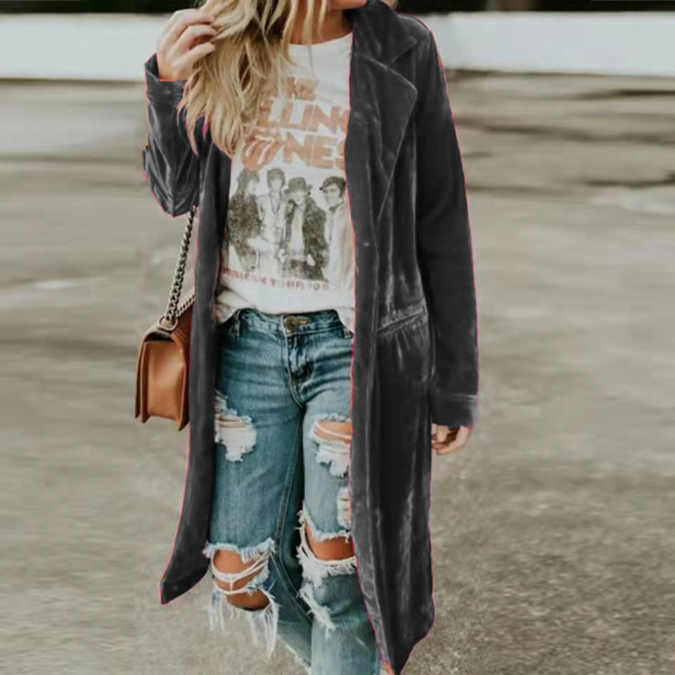 Women Office Casual Basic Solid Color Long Sleeve Lapel Velvet Windbreaker