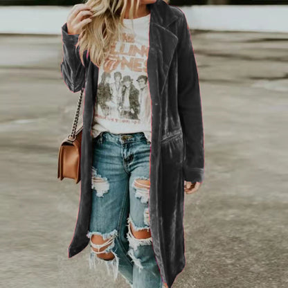 Women Office Casual Basic Solid Color Long Sleeve Lapel Velvet Windbreaker