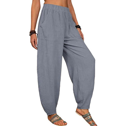 Women Fashion Casual Cotton Linen Solid Color Loose Harem Pants