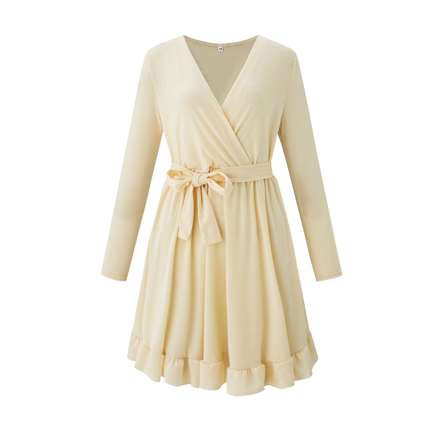 Women Casual Solid Color Sash Tie V-Neck Long-Sleeved Ruffled Wrap Dress