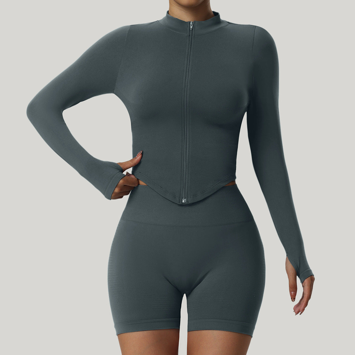 Women Casual Solid Color Vertical Collar Zipper Long Sleeve Tight Yoga Sports Top