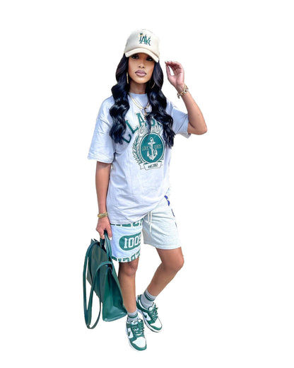 Conjunto de dos piezas holgado con camiseta y pantalones cortos con grafiti y letras para mujer, estilo informal, de moda urbana, para verano