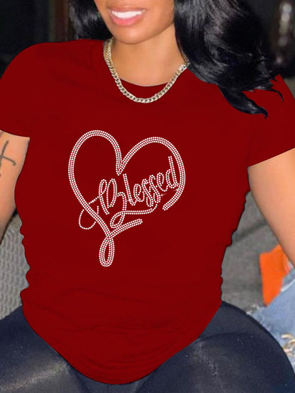 Camiseta informal holgada de talla grande para mujer, cuello redondo, manga corta, estampado de corazón de diamante
