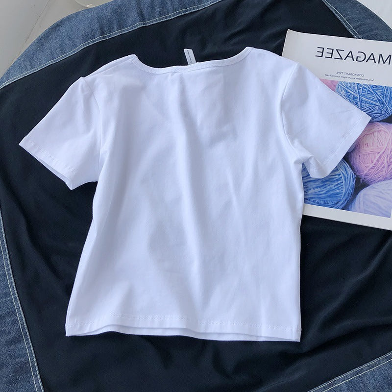 Camiseta básica informal de manga corta con cuello en V y color liso para mujer