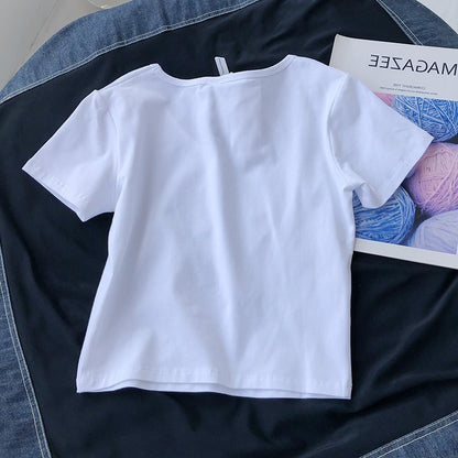 Camiseta básica informal de manga corta con cuello en V y color liso para mujer