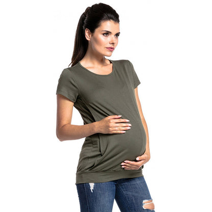 Pregnant Women Casual Solid Color Round Neck Short Sleeve Breastfeeding T-Shirt