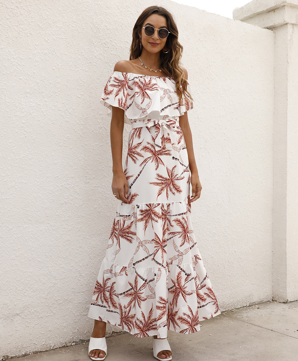 Bohemian Summer Women Casual Flower Print Off-Shoulder Ruffled Maxi Dress