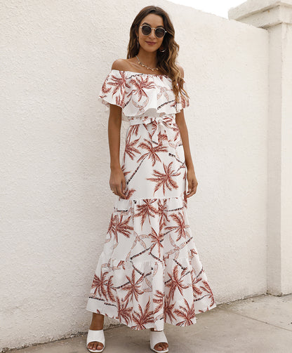 Bohemian Summer Women Casual Flower Print Off-Shoulder Ruffled Maxi Dress