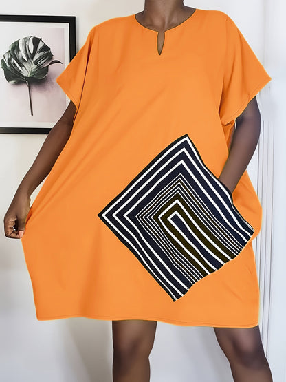 Women Fashion Casual Plus Size Stripe Printed Short Sleeve Dress