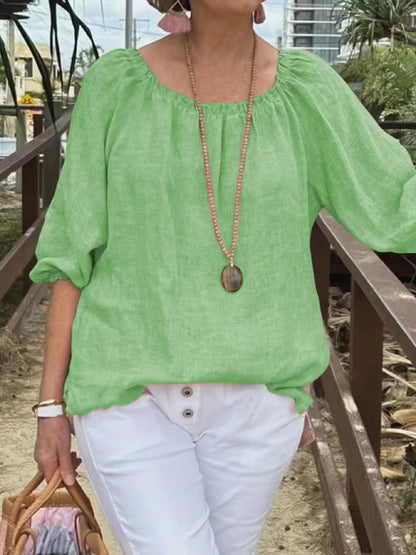 Women Casual Solid Color Round Neck Cotton Linen Plus Size Top