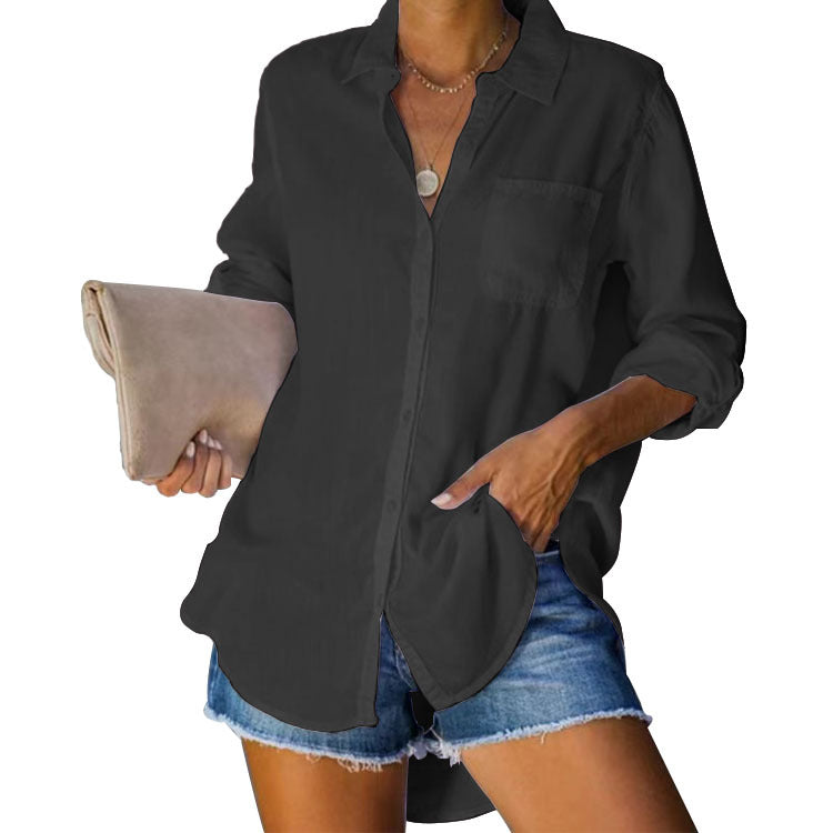 Camisa informal con botones de color liso y talla grande para mujer