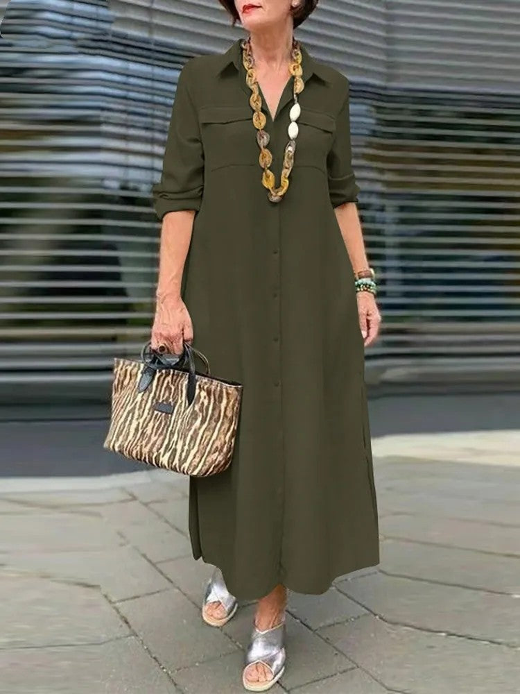 Women Fashion Casual Solid Color Long Sleeve Button Laps Plus Size Dress