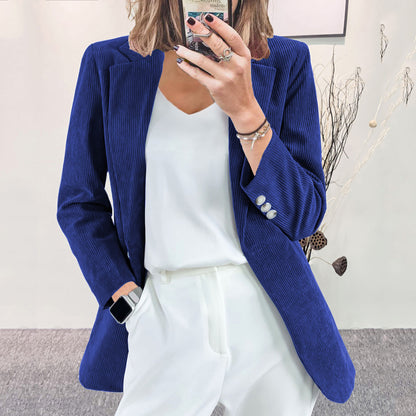 Women Fashion Casual Solid Color Corduroy Lapel Long-Sleeve Slim-Fit Jacket