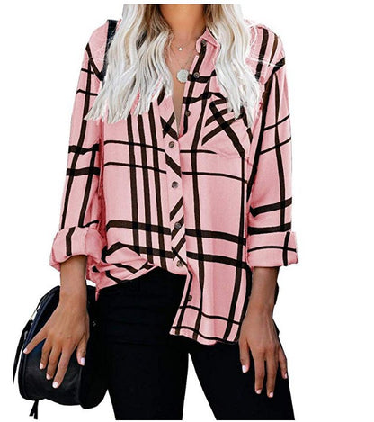 Camisa informal de manga larga con estampado a cuadros y solapa para mujer