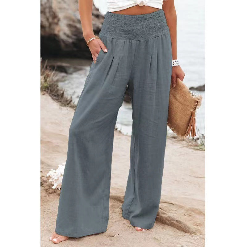 Women Cotton Linen Pockets Solid Loose Casual Wide Leg Long Trousers Pants