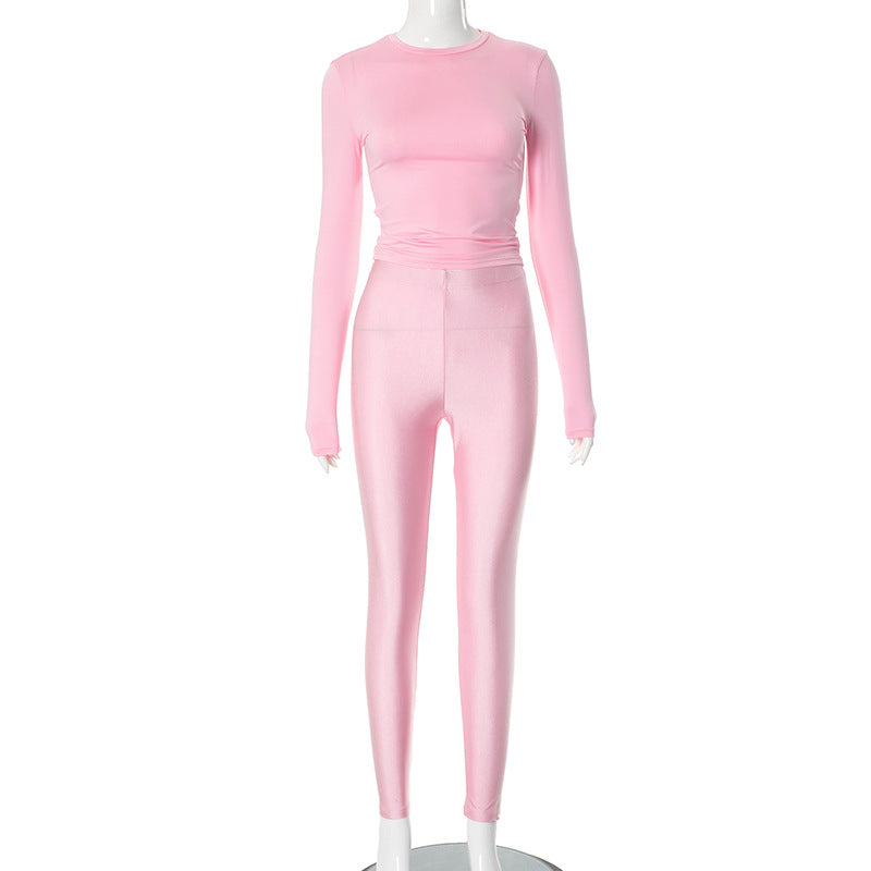Conjunto de dos piezas formado por camiseta y pantalón de cintura alta, manga larga, cuello redondo, color liso, informal, para mujer