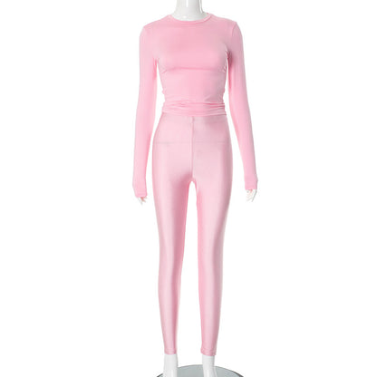 Conjunto de dos piezas formado por camiseta y pantalón de cintura alta, manga larga, cuello redondo, color liso, informal, para mujer