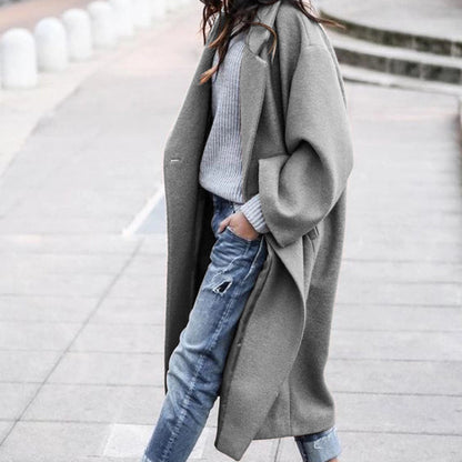 Abrigo de lana cálido de color liso largo informal para mujer, otoño e invierno