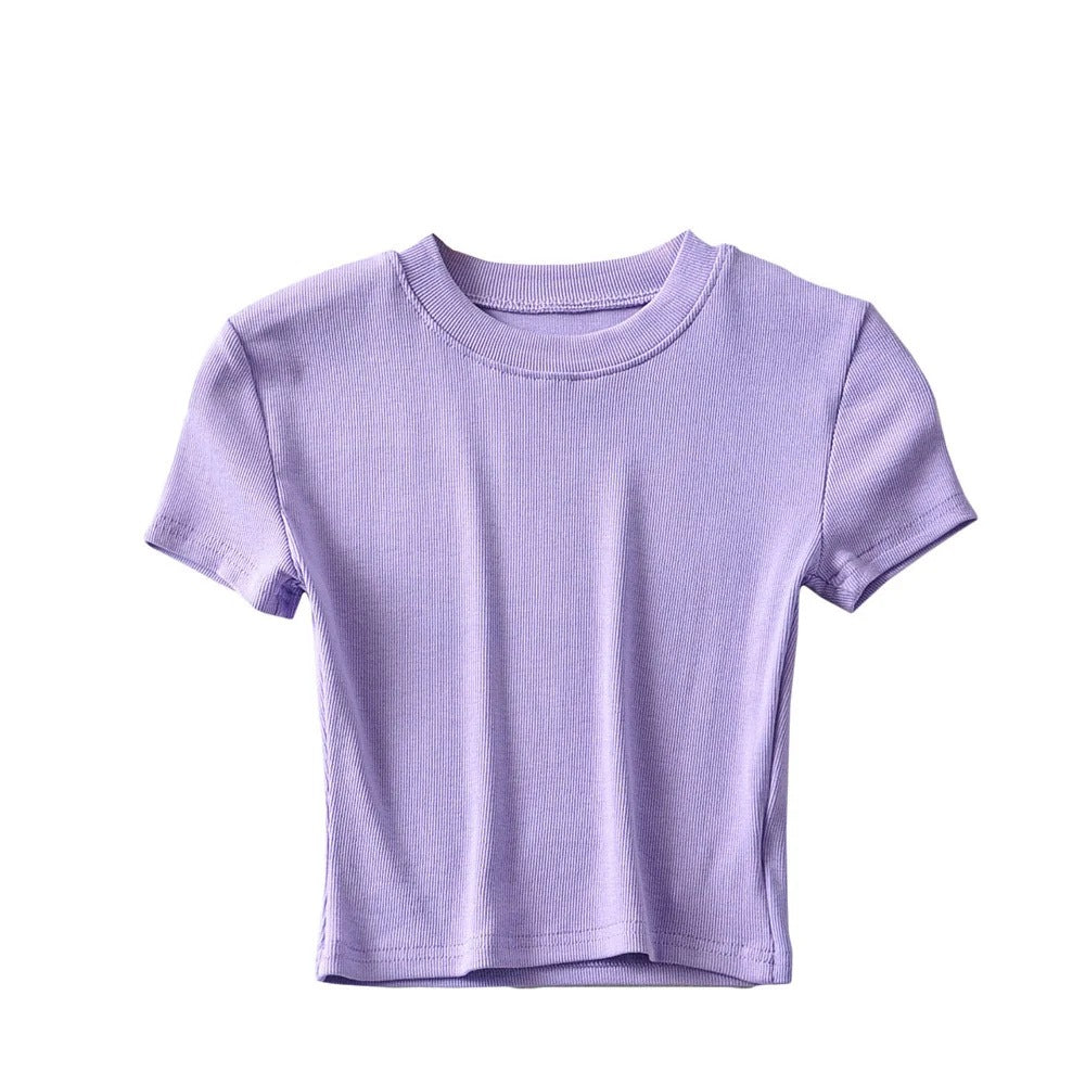 Camiseta informal de verano para mujer, color liso, cuello redondo, manga corta, sin mangas
