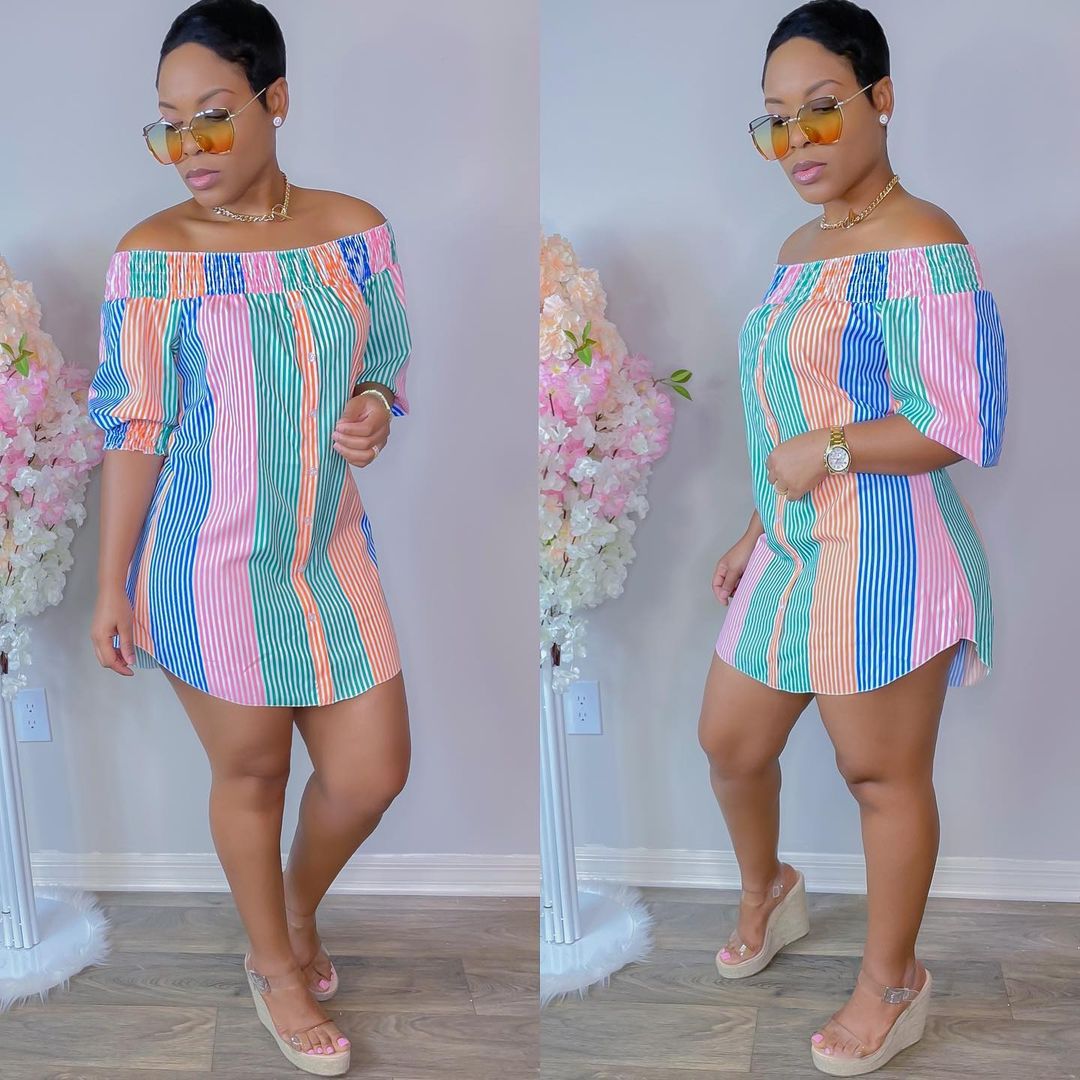 Women Casual Edgy Fashion Irregular Hem Color Blocking Stripe Loose Off-the-shoulder Short Sleeves Dress