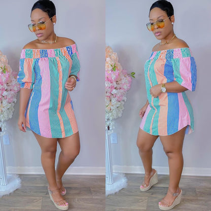 Women Casual Edgy Fashion Irregular Hem Color Blocking Stripe Loose Off-the-shoulder Short Sleeves Dress