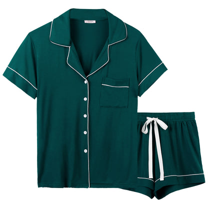 Pijama de dos piezas de verano para mujer, transpirable, informal, con solapa y manga corta.