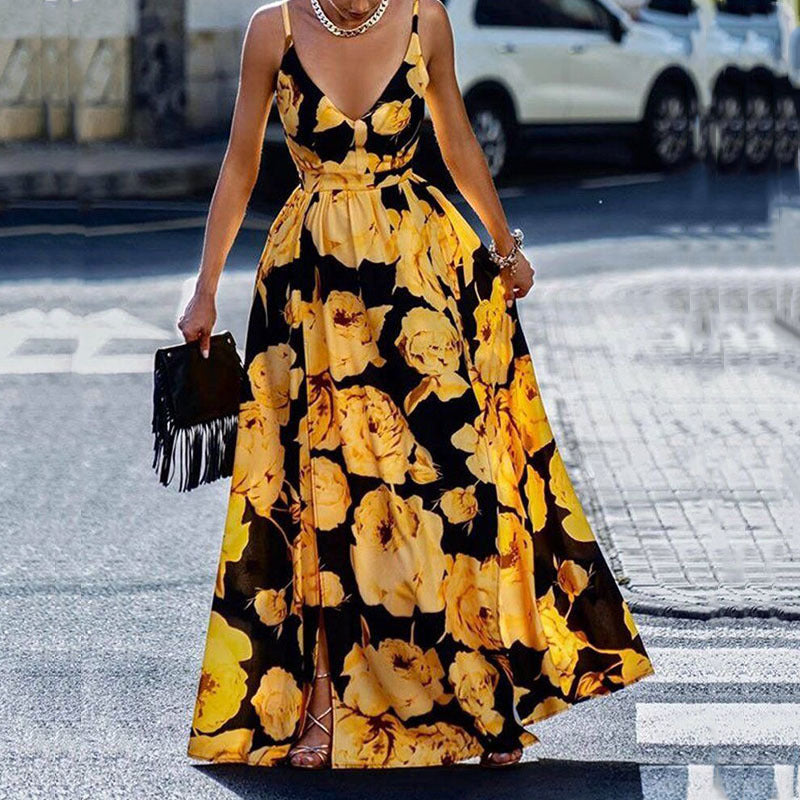 Women Fashion Casual Floral Printed V-Neck Sleeveless Split Dress