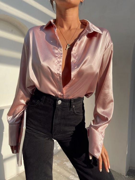Camisa de manga larga con solapa de color liso informal a la moda para mujer