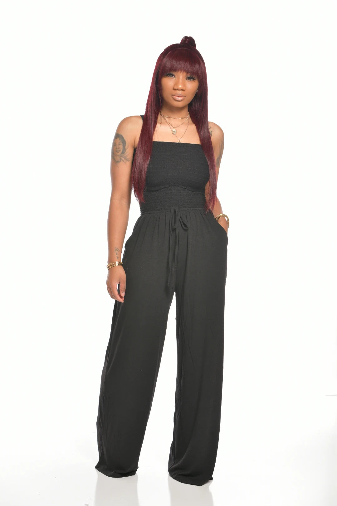 Women Casual Flat Shoulder Wrap Chest Wide Leg Jumpsuit