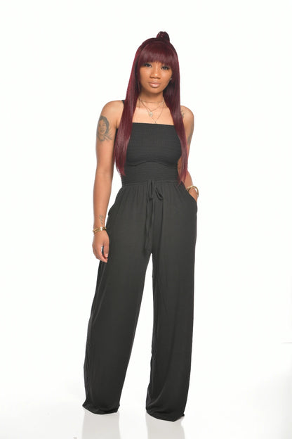 Women Casual Flat Shoulder Wrap Chest Wide Leg Jumpsuit