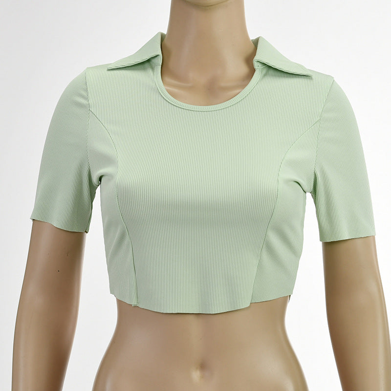 Women Fashion Casual Lapel Short Sleeve Crop Top