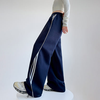 Women Fashion Casual Stripe Drawstring Wide Leg Pants