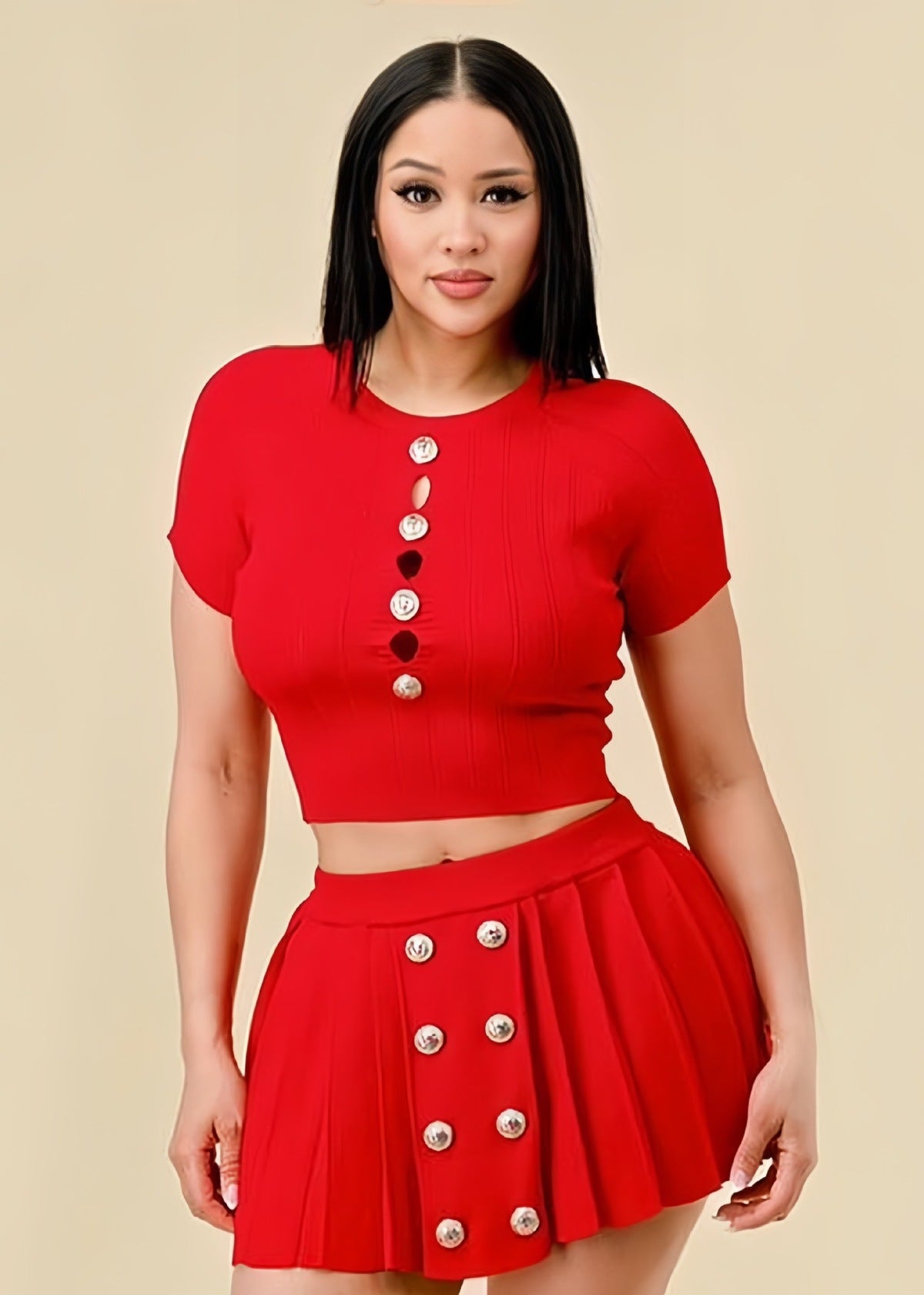Conjunto de dos piezas de punto de manga corta con botones huecos, informal y sexy para mujer