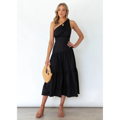 Women Fashion Vacation Floral Print Irregular One Shoulder Casual Maxi Dress