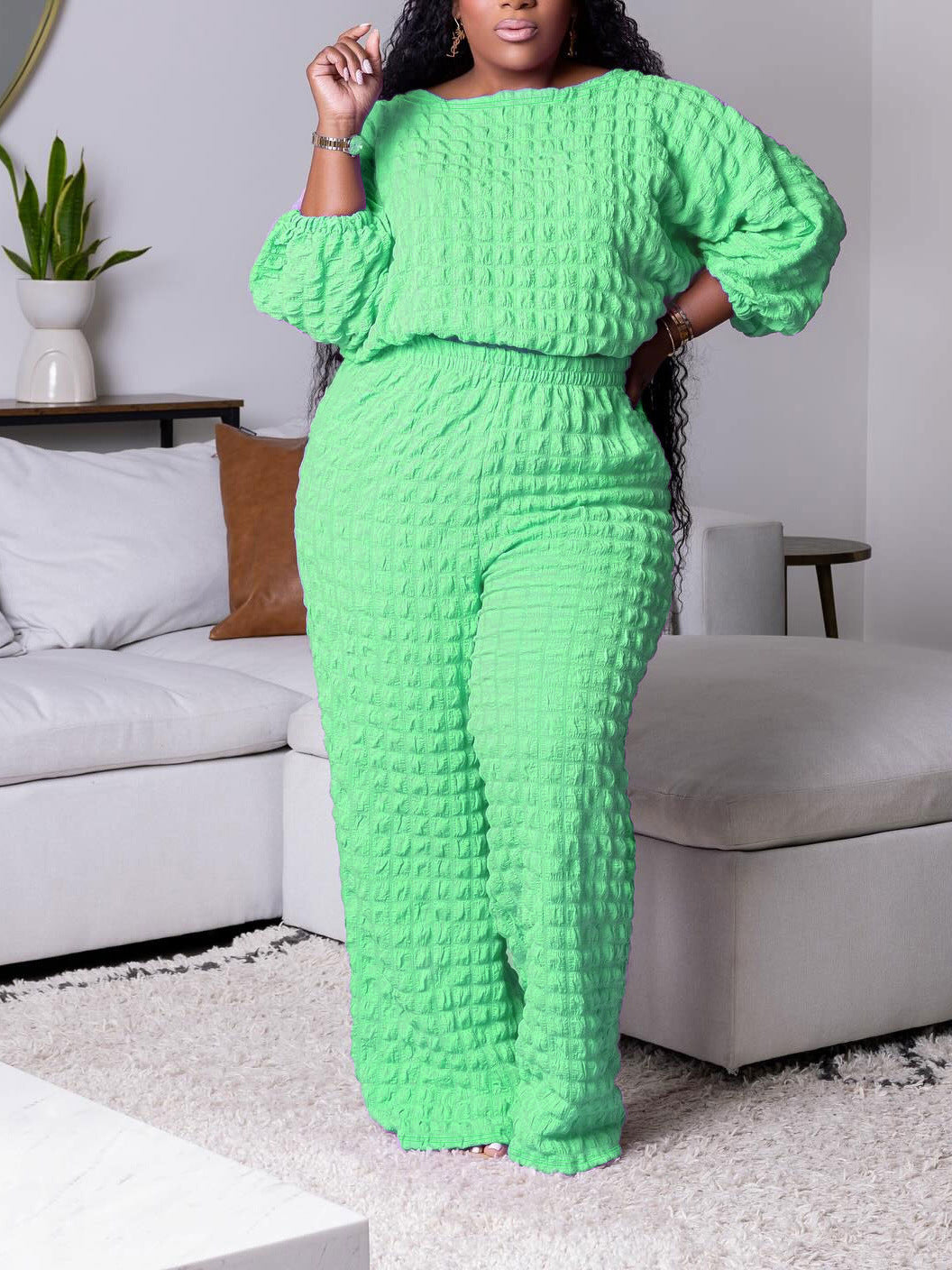Conjunto de dos piezas informal de manga larga con cuello redondo y pantalones holgados para mujer, talla grande