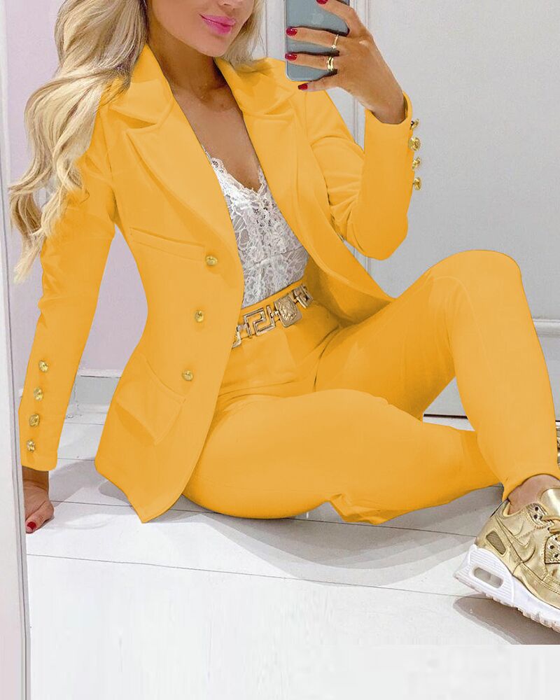 Women Fashion Casual Single-Breasted Solid Color Blazer Leggings Two-Piece Set