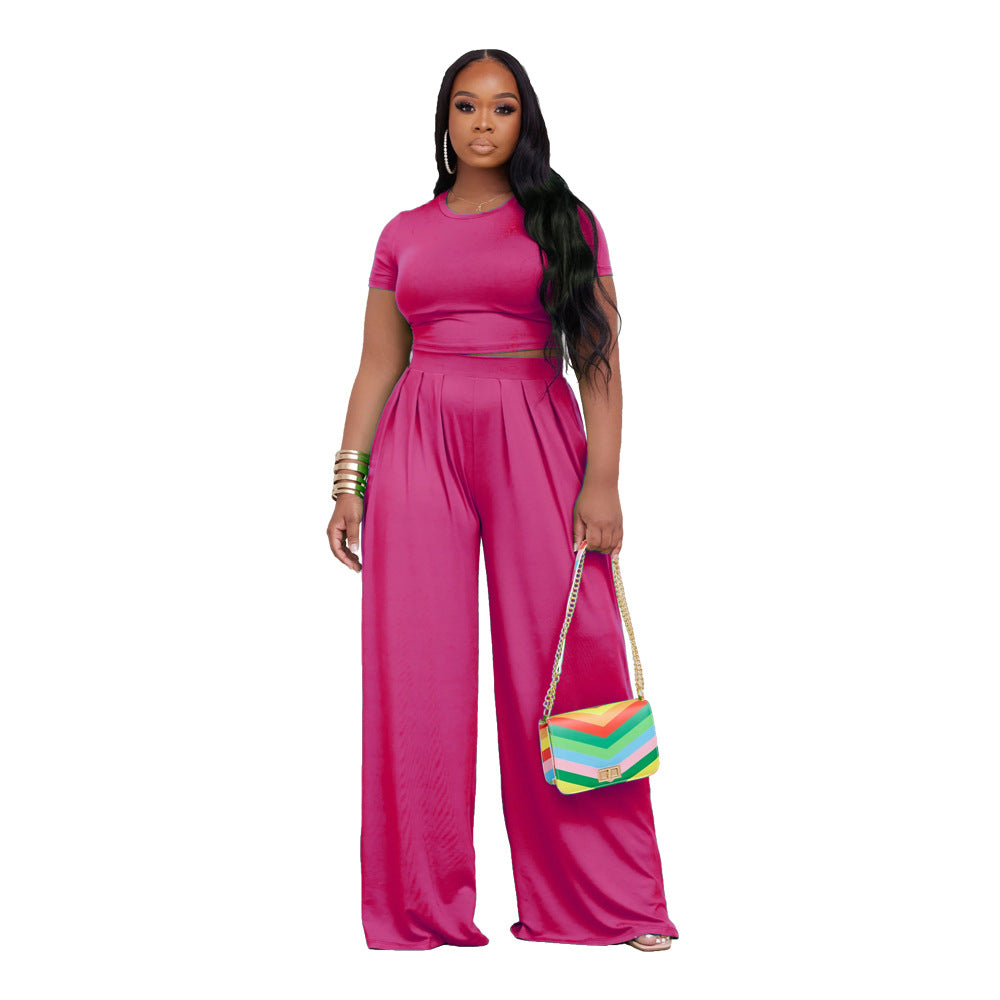 Women Casual Solid Color Plus Size Short-Sleeved Top Wide-Leg Pants Two-Piece Set