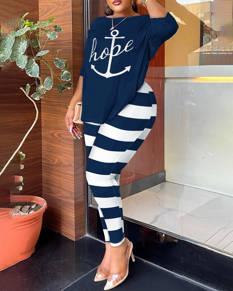 Conjunto de dos piezas con top y pantalones ajustados con espalda descubierta y estampado de rayas geométricas informales a la moda para mujer