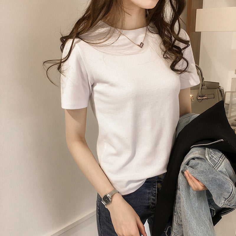 Camiseta básica informal de manga corta con cuello redondo y color liso para mujer
