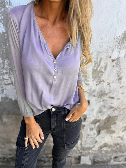 Women Casual Solid Color V-Neck Long Sleeve Top