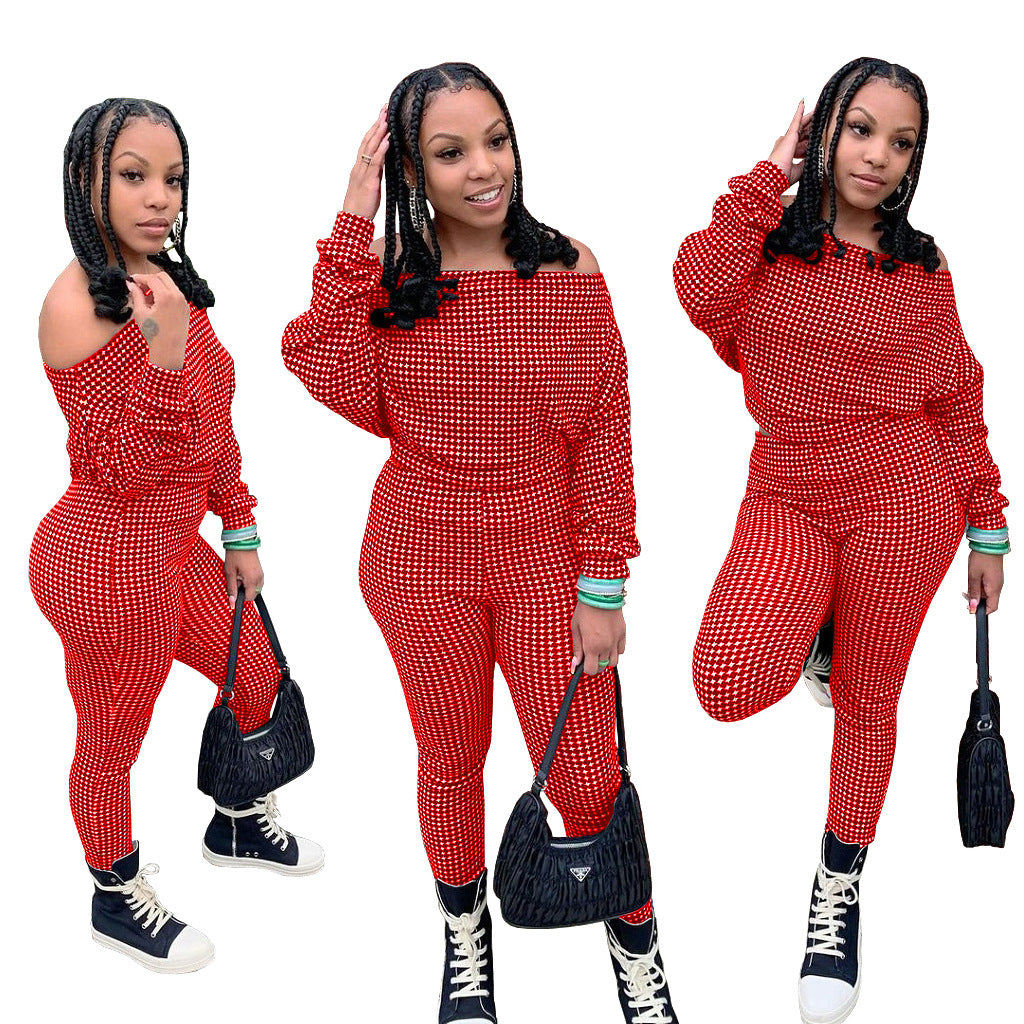 Conjunto de dos piezas de top y pantalón holgados informales de manga larga con cuello oblicuo y estampado a cuadros para mujer