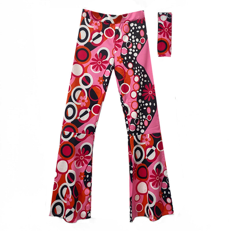 Women Fashion Casual Leopard Floral Printed Wide Leg Pants With Headband