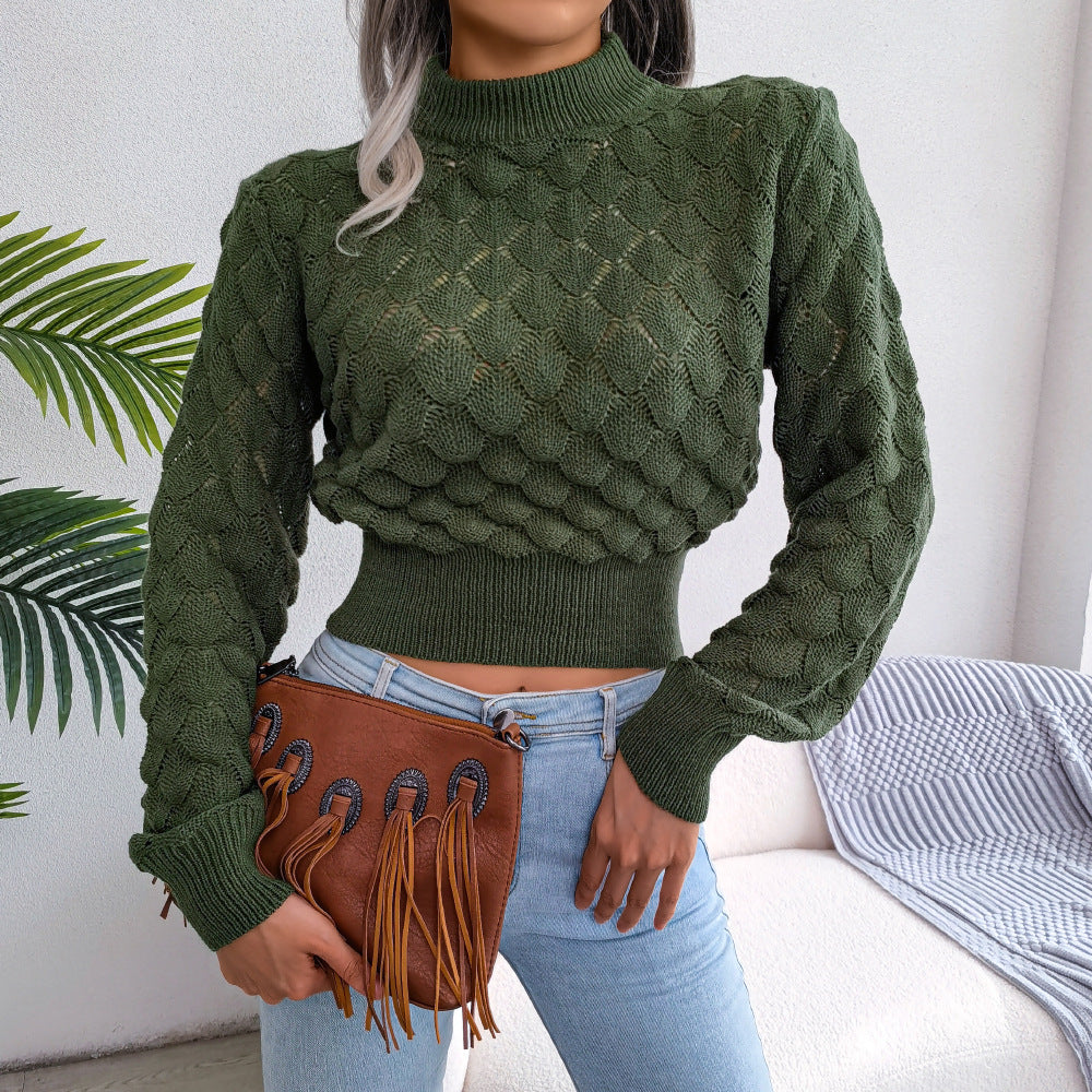 Suéter de punto corto de manga larga de color liso, informal, de moda, para otoño e invierno.