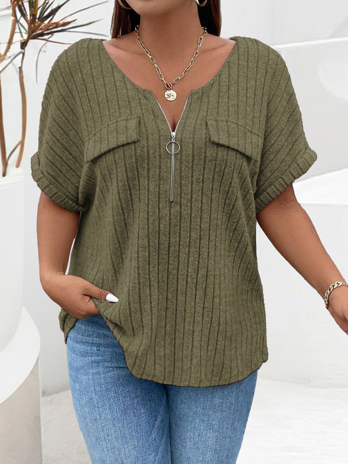 Women Fashion Casual Solid Color Plus Size Zipper Short Sleeve Loose T-Shirt