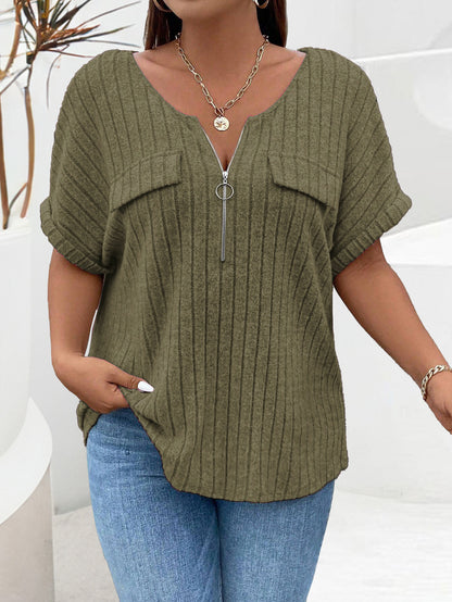 Women Fashion Casual Solid Color Plus Size Zipper Short Sleeve Loose T-Shirt