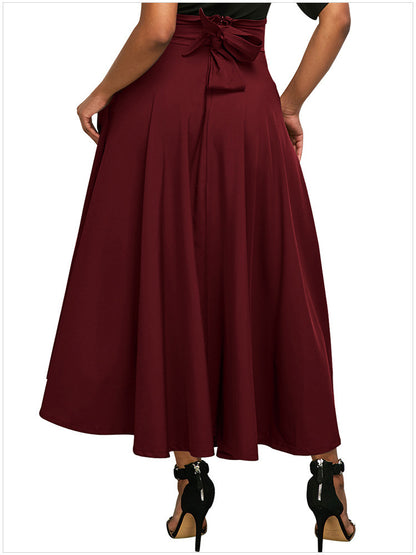 Women Fashion Casual Solid Color High Waist Pocket Pleated Skirt