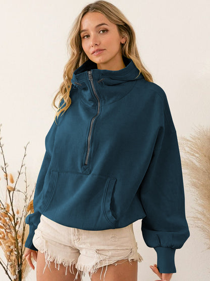 Sudadera informal de cuello alto con cremallera y color liso para mujer