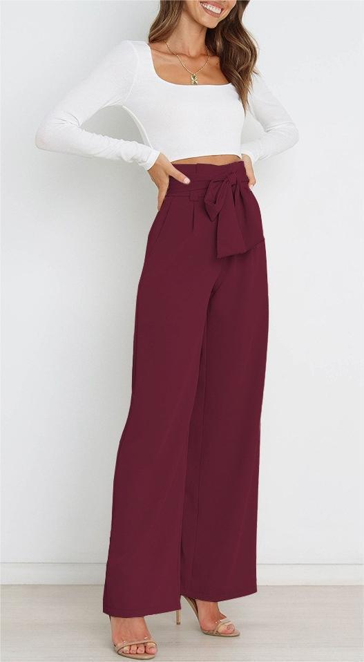 Pantalones casuales de cintura alta con lazo y cordones de color liso a la moda para mujer